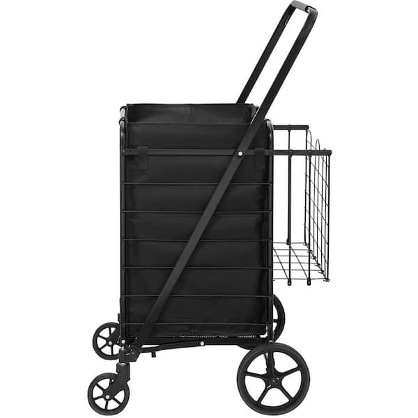 Folding Shopping Cart with Removable Waterproof Liner, 330 lbs. Large Capacity Jumbo Grocery Cart with Dual Basket Black