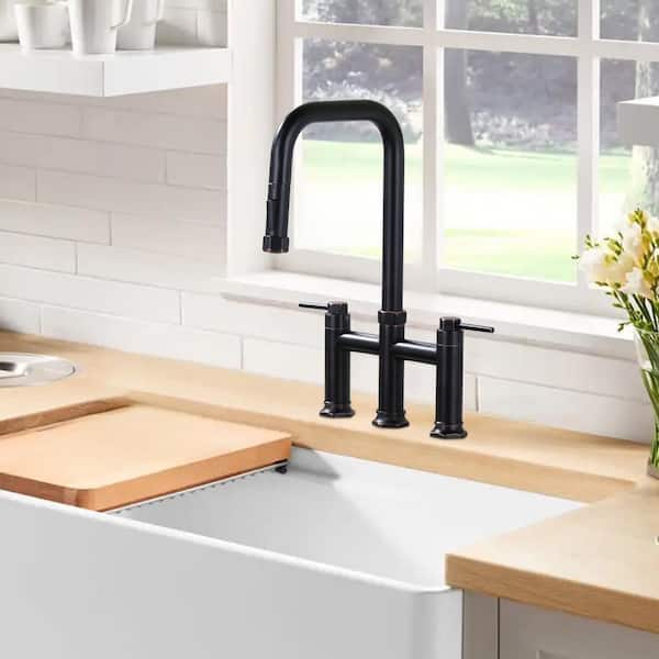 Double-Handle Bridge Kitchen Faucet with Pull-Down Sprayhead and 360° High-Arc Spout in Oil Rubbed Bronze