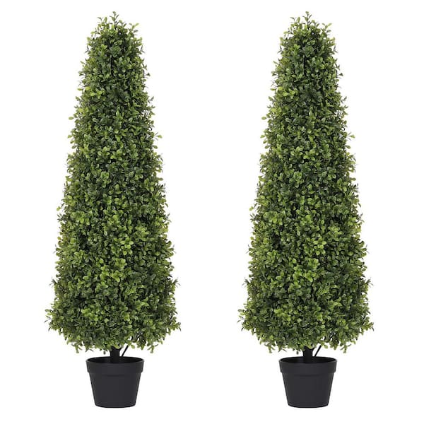 4 ft. Artificial Topiary Boxwood Tree, Faux Shrub in Black Plastic Pot 2-Pack