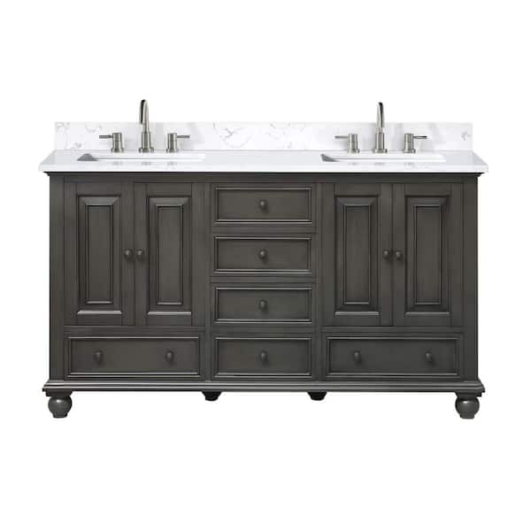 Thompson 61 in. Double Sink Charcoal Glaze Bath Vanity with Cala White Engineered Stone Top