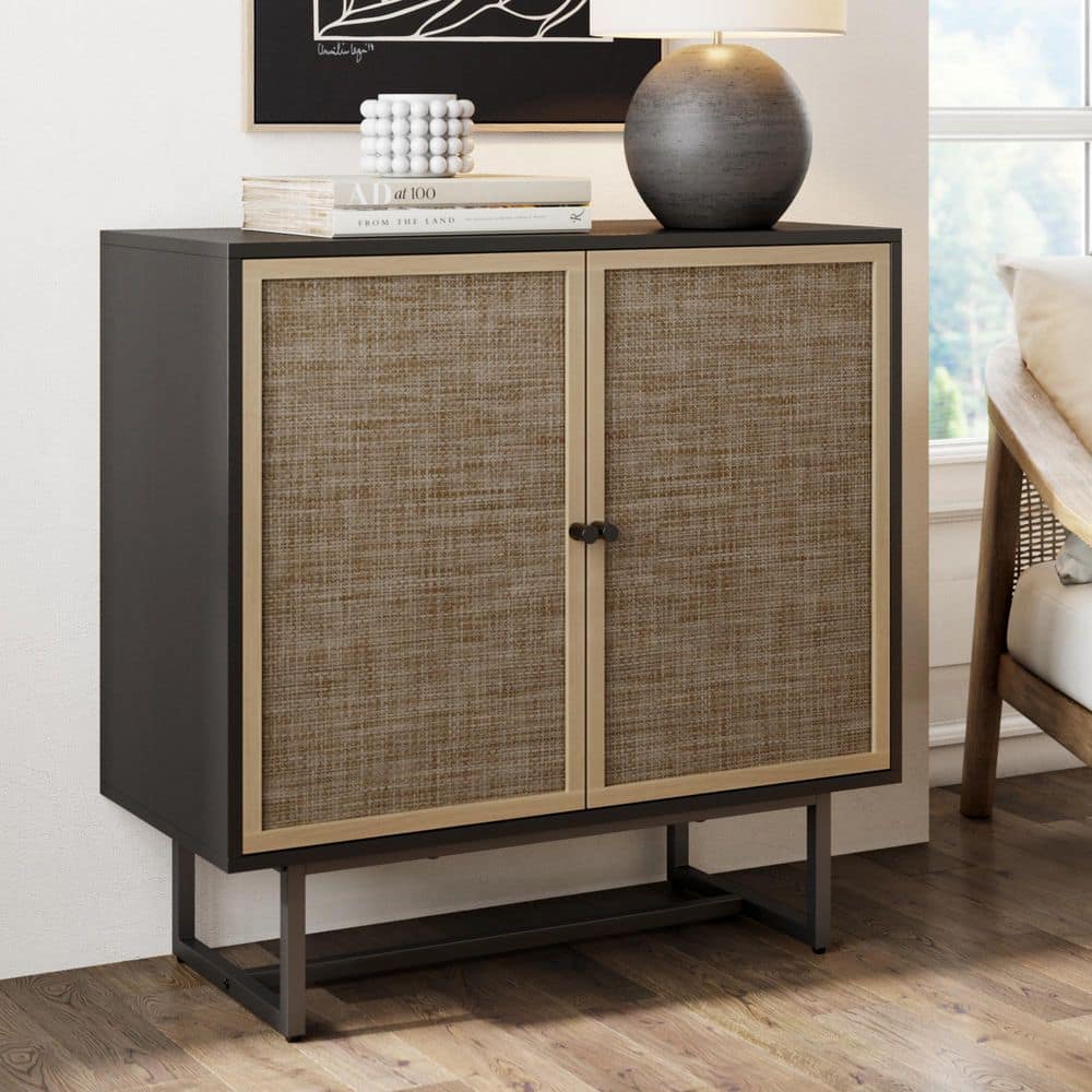 Nathan James Kova Black Cane Rattan Doors Accent Cabinet with