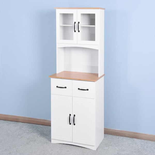 Unbranded White Wooden Kitchen Cabinet Pantry Room Storage Microwave Cabinet with Framed Glass Doors and Drawer