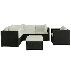8-Piece Black Wicker Outdoor Patio Sectional Sofa Conversation Set with White Cushions, Table and Foot Stool