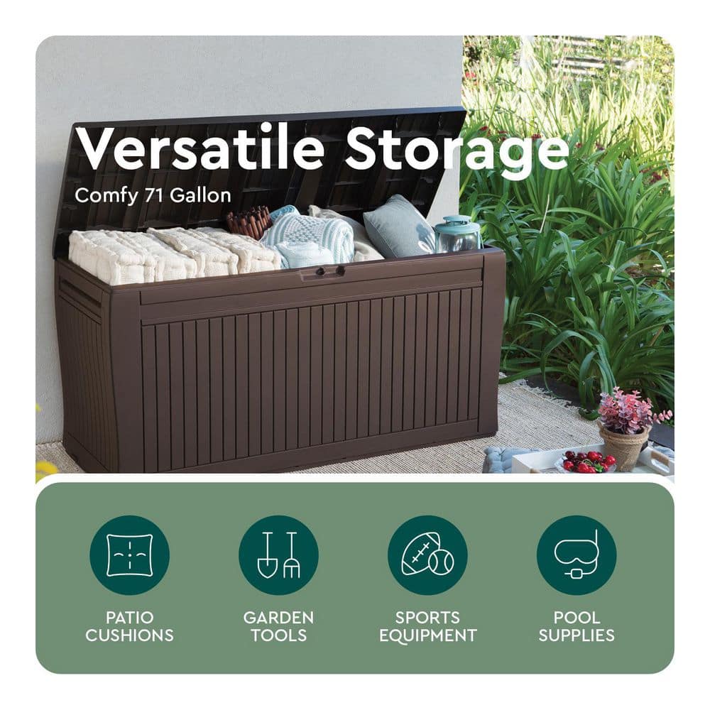 Keter Comfy 71 Gal. Weather Resisitant Plastic Resin Deck Box in Wood Look Brown