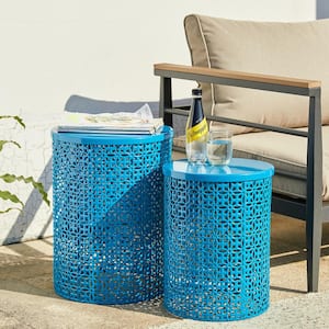 Multi-Functional Metal Blue Garden Stool or Planter Stand or Accent Table or Side Table (Set of 2)