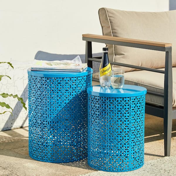 Glitzhome Multi-Functional Metal Blue Garden Stool or Planter Stand or Accent Table or Side Table (Set of 2)