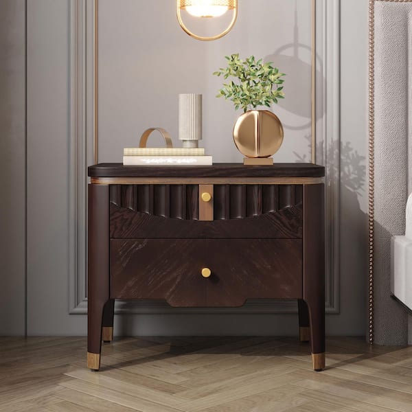 Dillon Modern Dark Brown 2 Drawers Wooden Nightstand with Metal Button Handle, Tapered Legs, Wave Design