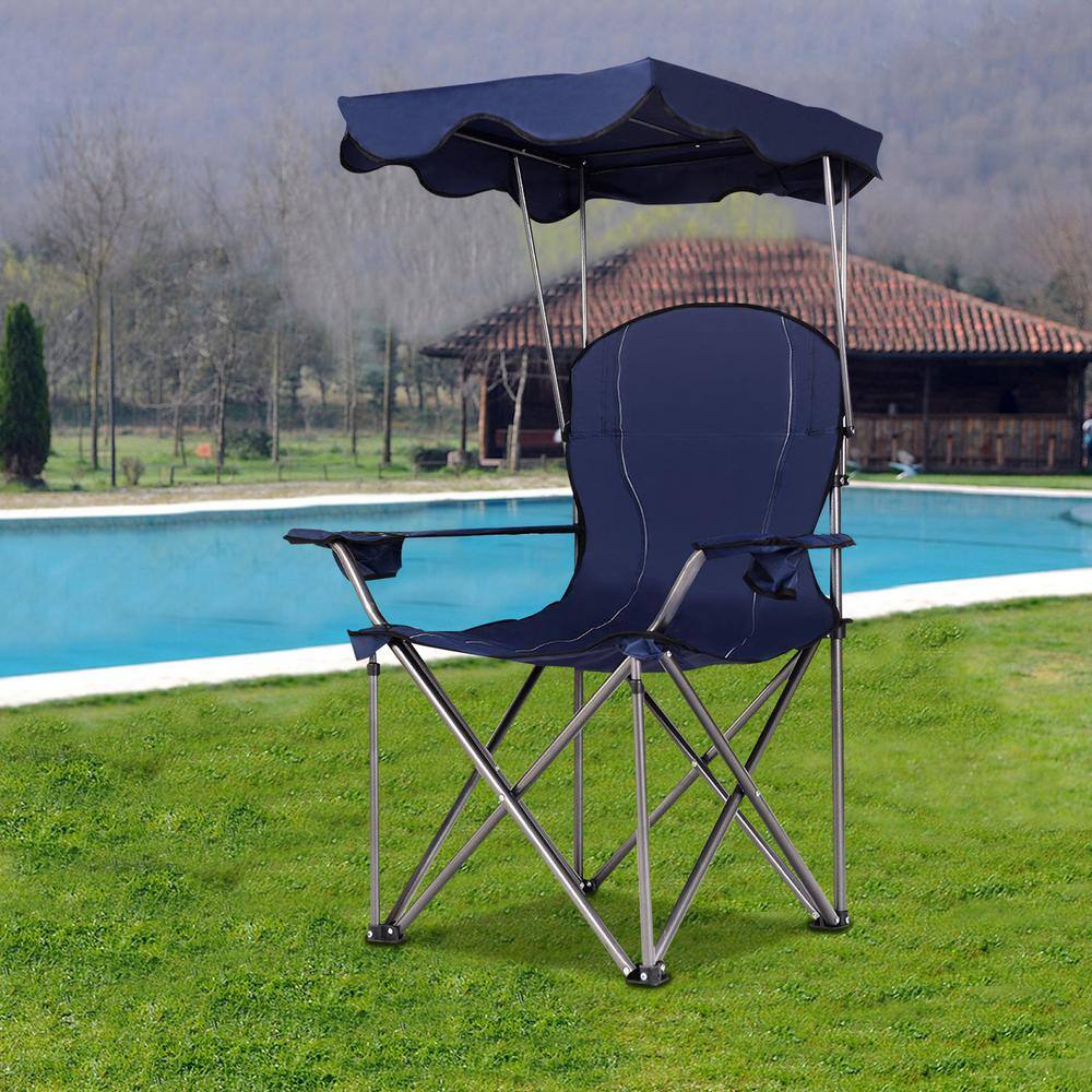 Blue Portable Folding Camping Chair with Canopy and Cup Holders