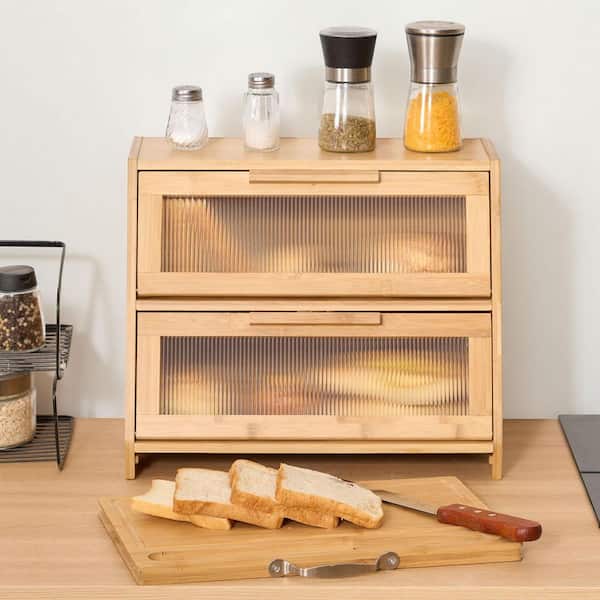 Double Layer Bread Box for Kitchen Counter, Large Capacity Bamboo Bread Storage Container, Farmhouse Wooden Breadbox