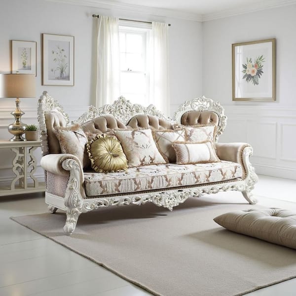 Kin Ornate 48 in. Straight Arm Fabric Rectangle with 7 Accent Pillows Sofa in. White, Tan and Silver