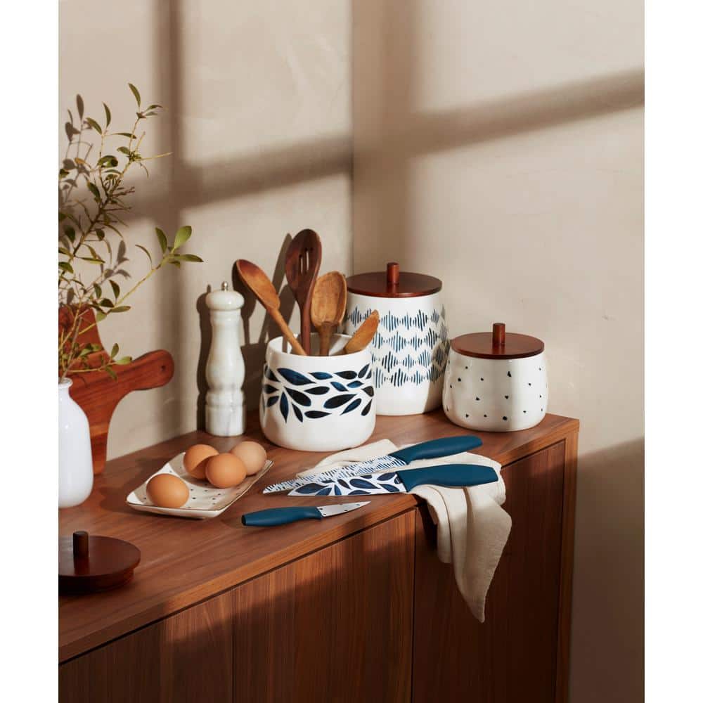 Blue and White Porcelain Canister Set with Wooden Lids