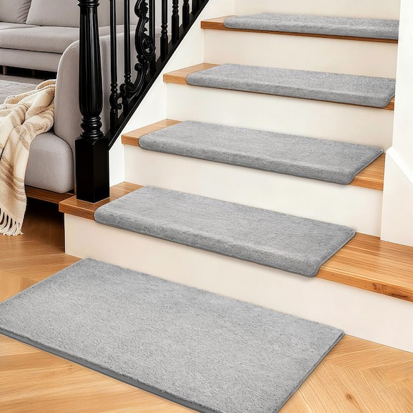 PURE ERA Plush Light Gray 9.5 in. x 30 in. x 1.2 in. Bullnose Polyster Carpet Stair Tread Cover Landing Mat Tape Free Set of 15