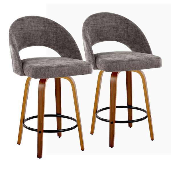 Renee Upholstered 38.5 in. H Dark Grey Fabric,Walnut Wood and Black Fixed-Height Counter Stool Round Footrest (Set of 2)