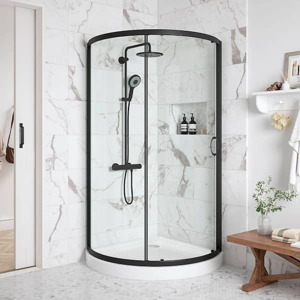 Breeze 32 in. L x 32 in. W x 76.97 in. H Corner Shower Kit with Clear Framed Sliding Door in Black and Shower Pan