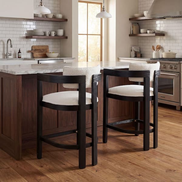 36 in. H Black Rubber Wood Curved Counter Stool Bar Stool with Beige Boucle Fabric Seat (Set of 2)