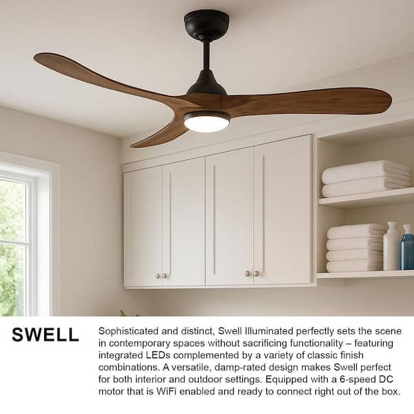 HINKLEY - Swell Illuminated 56.0 in. Indoor/Outdoor Integrated LED Matte Black Ceiling Fan with Remote Control