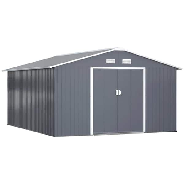12.3 ft. x 10.9 ft. Dark Gray Outdoor Metal Shed, Backyard Tools Shed, Garden Storage Shed with Double Doors