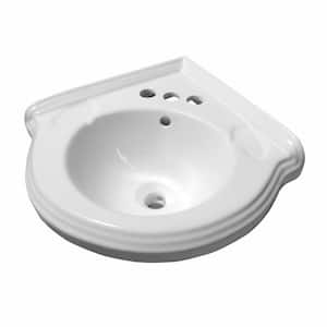 Corner Wall Mount Bathroom Sink Combo in White Bowl, Backsplash, Overflow, Centerset Faucet and Drain