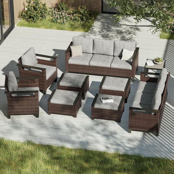 JOYESERY 9-Piece Patio Conversation Set with Side Table Wide Armrests Sofa with Ottoman Brown Wicker Linen Grey Cushions