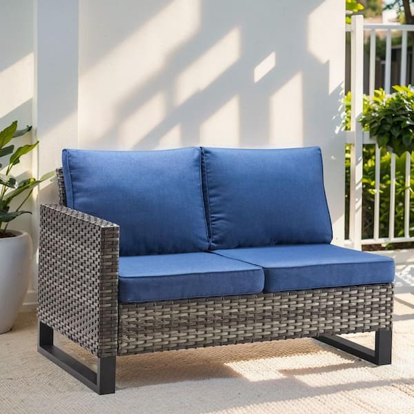 Gymojoy Valenta Gray Wicker Outdoor Loveseat with Blue Cushions