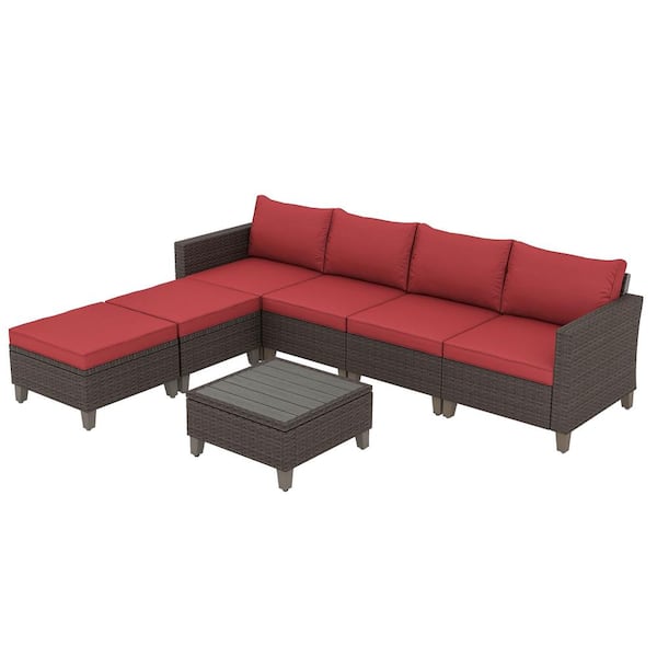 Cesicia 7-Piece Wicker Outdoor Sectional Sofa Set with Red Cushions and Coffee Table