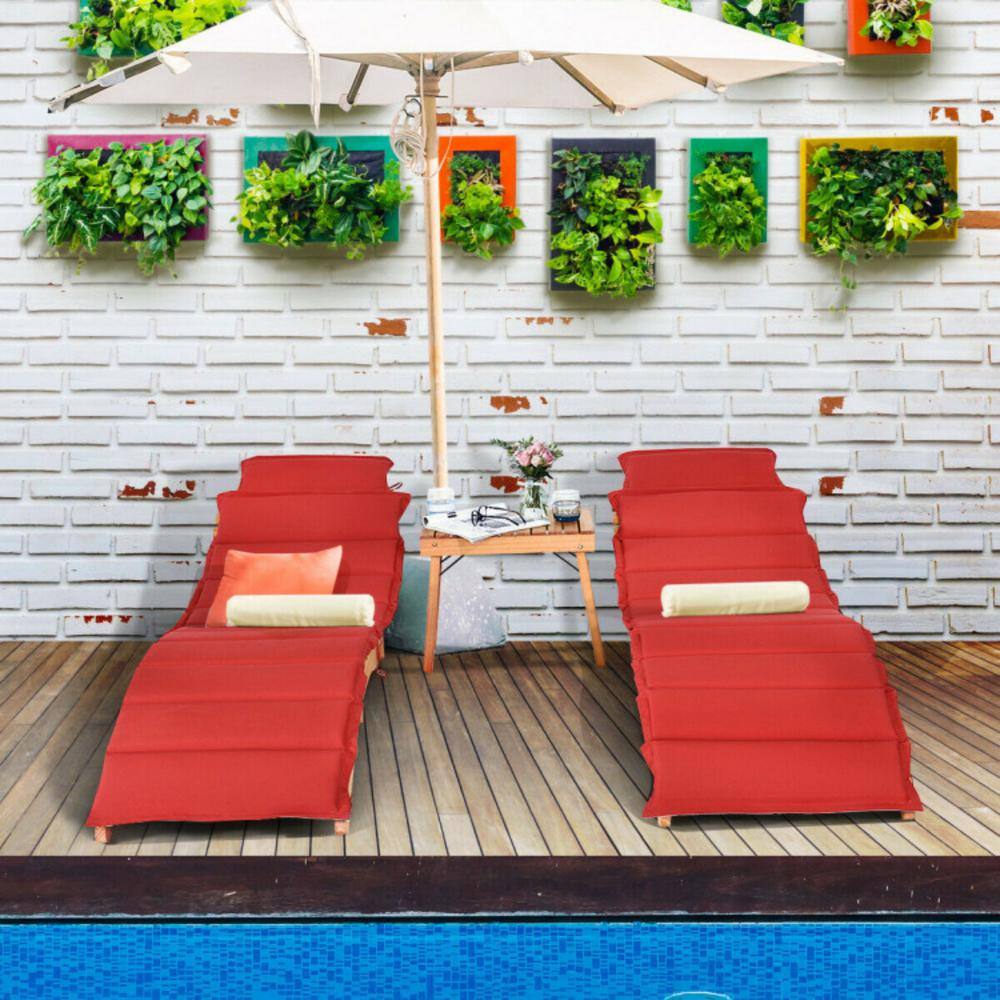 Eucalyptus Wood Lounge Chair Set with Red and White Cushions