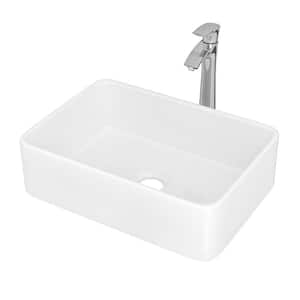 Ceramic Rectangle Vessel Sink in White with Chrome Faucet