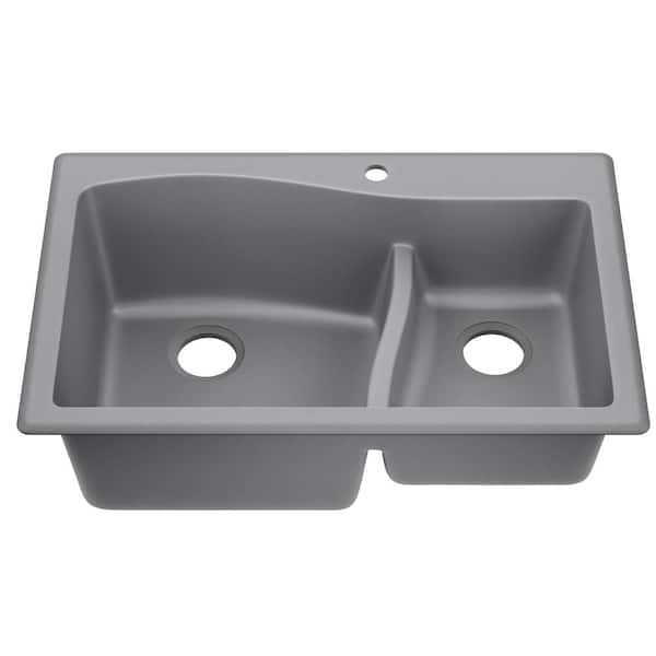 Quarza Drop-in/Undermount Granite Composite 33 in. 1-Hole 60/40 Double Bowl Kitchen Sink in Grey