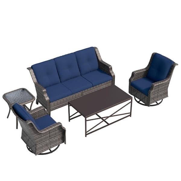 5-Piece Steel Wicker Patio Conversation Deep Seating Set with Swivel Chairs, Blue Cushions