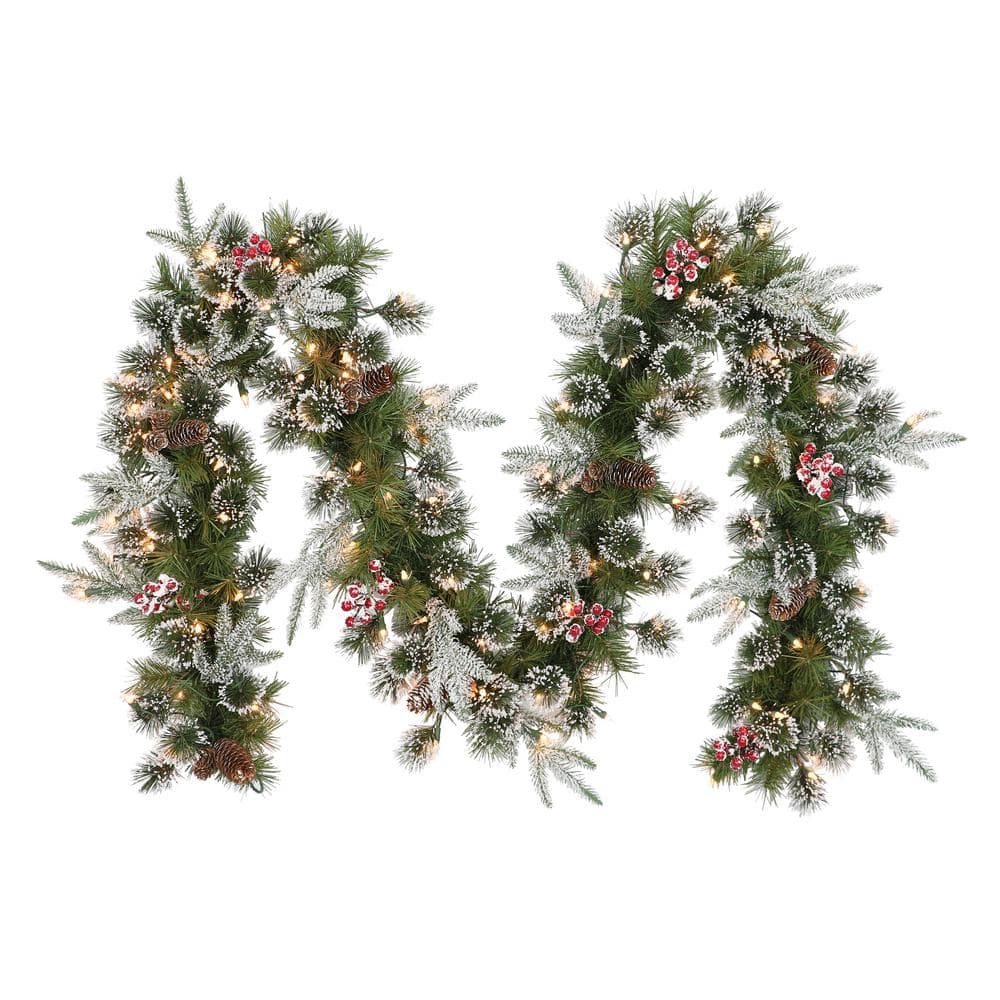 9 ft. Green Prelit Artificial Decorated Christmas Garland with 100 Lights, Flocking, Pine Cones, and Red Berries