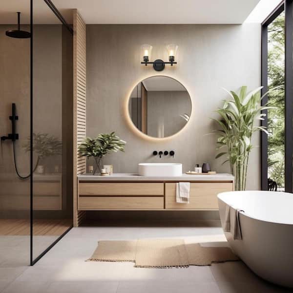 Belle 16 in. 2 Light Matte Black Vanity Light with Clear Glass Shade