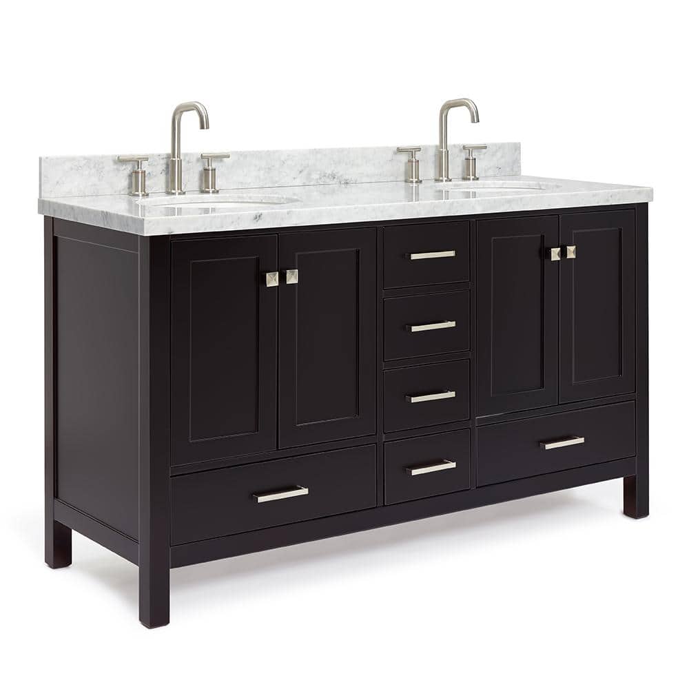 Espresso Double Basin Vanity with Marble Top and Nickel Hardware