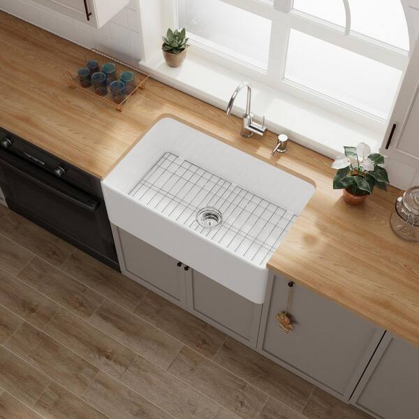 Kuomih White Fireclay 30 in. Single Bowl Corner Farmhouse Apron