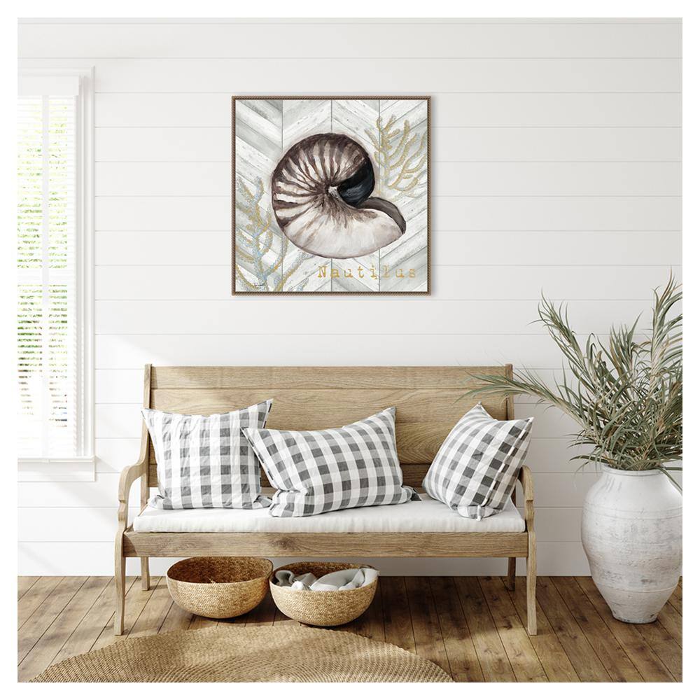 Gray Gold Chevron Nautilus Shell Canvas Wall Art with Bronze Frame