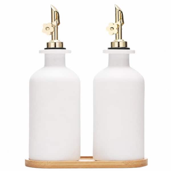 11.8 oz. White Glass Oil and Vinegar Dispenser Set with Gold Spouts and Bamboo Tray