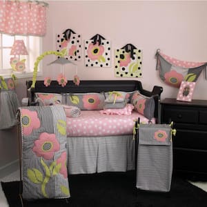 Poppy 8-Piece Black, Pink and White Floral and Striped Crib Bedding Set