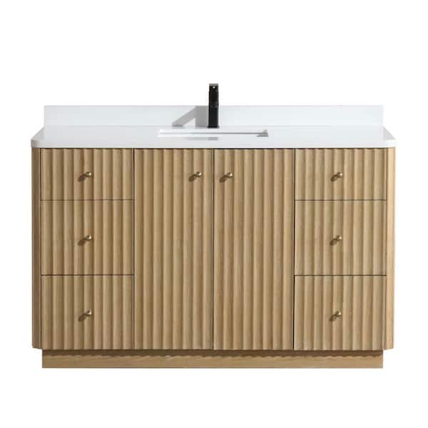 La Jolla 55 W x 22 in. D x 34.5 H Single Bath Vanity in Washed Oak with Engineered Quartz Top in White with White Basin