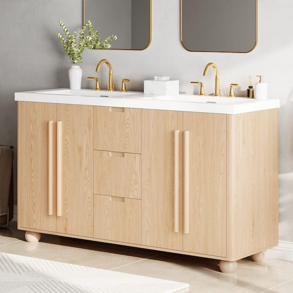 Fully Assembled 60 in. Freestanding Double Vanity Sink Solid Wood Weathered Oak Finish Bath Vanity with White Quartz Top