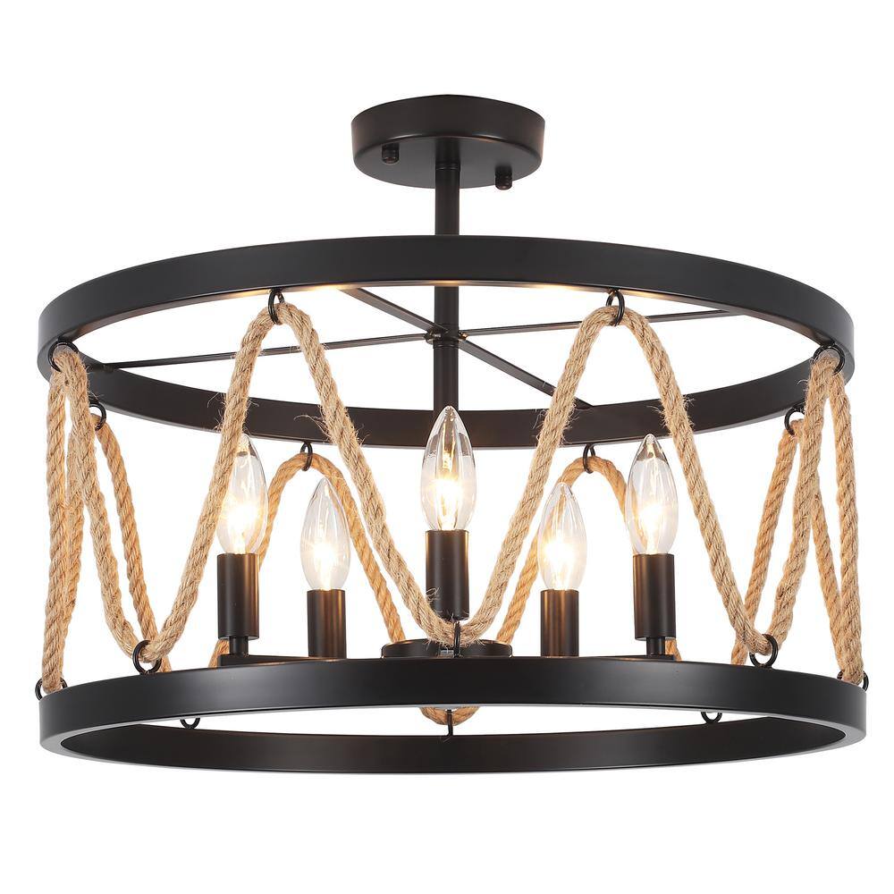 19.68 in. 5-Light Black Drum Metal Hemp Rope Semi-Flush Mount Light，No Bulbs Included price history on PriceWatchPro