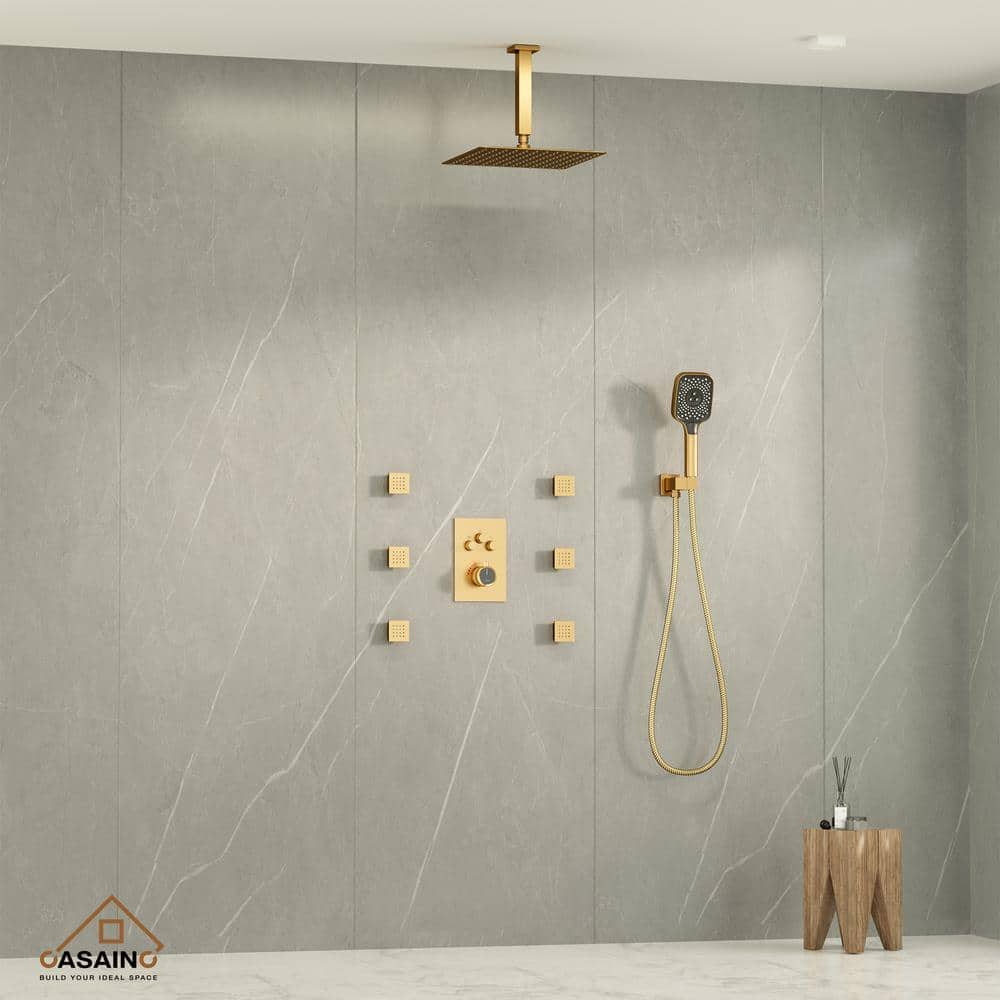 Brushed Gold Multi-Head Ceiling Mounted Shower System with Body Jets