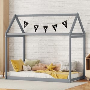 Gray Twin Size Wooden Platform Bed with House-Shaped Design