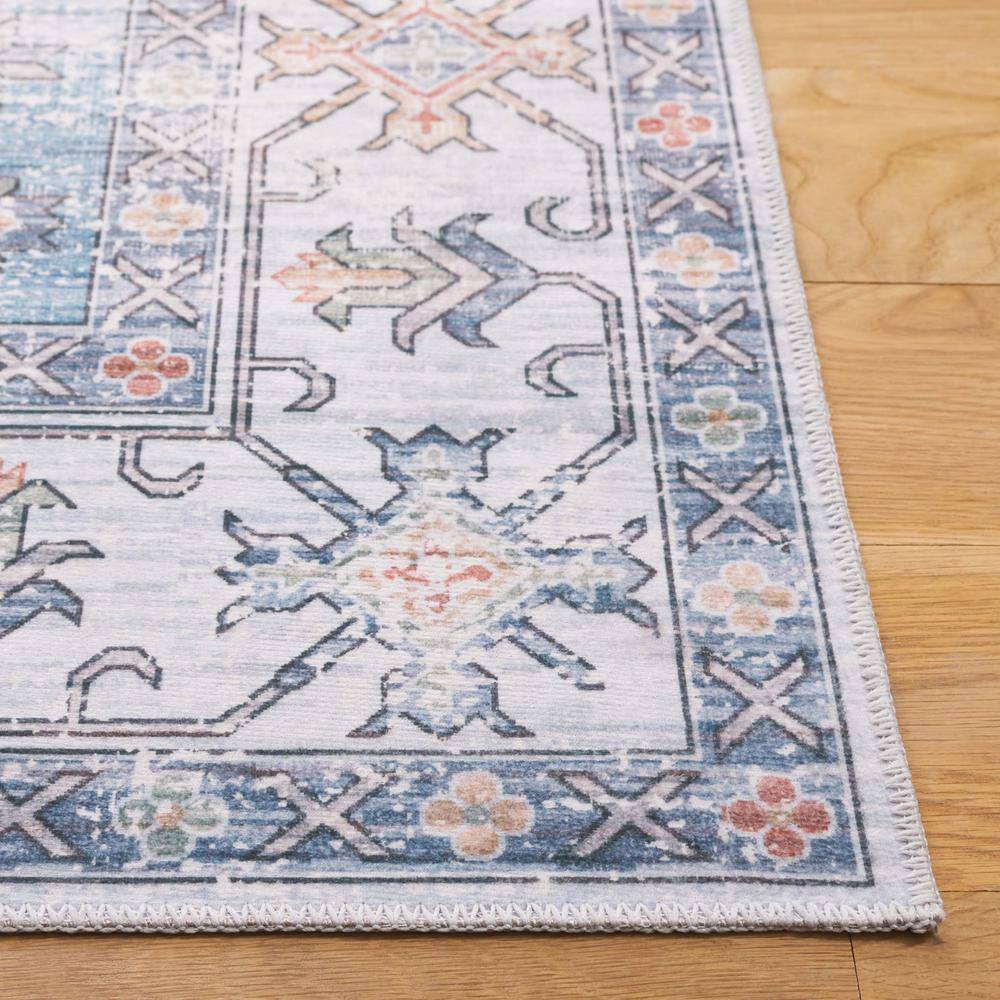 Ivory and Light Blue Weathered Medallion Washable Area Rug