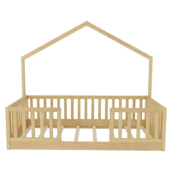 Pine wood twin floor bed frame with high rails and LED light.