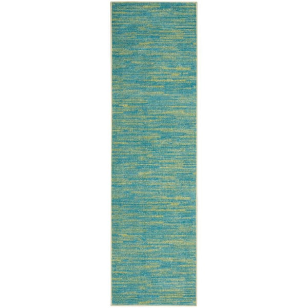 Nourison Essentials Blue Green 2 ft. x 12 ft. Solid Contemporary Kitchen Runner Indoor/Outdoor Patio Area Rug