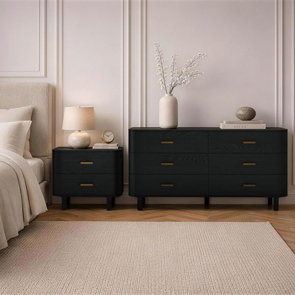 Manhattan Comfort Solara Black Fully Assembled Solid Wood 2-Drawer 29.9 in.  W Nightstand and 6-Drawer 67.7 in. W Double Dresser BR2190-BK - The Home  Depot
