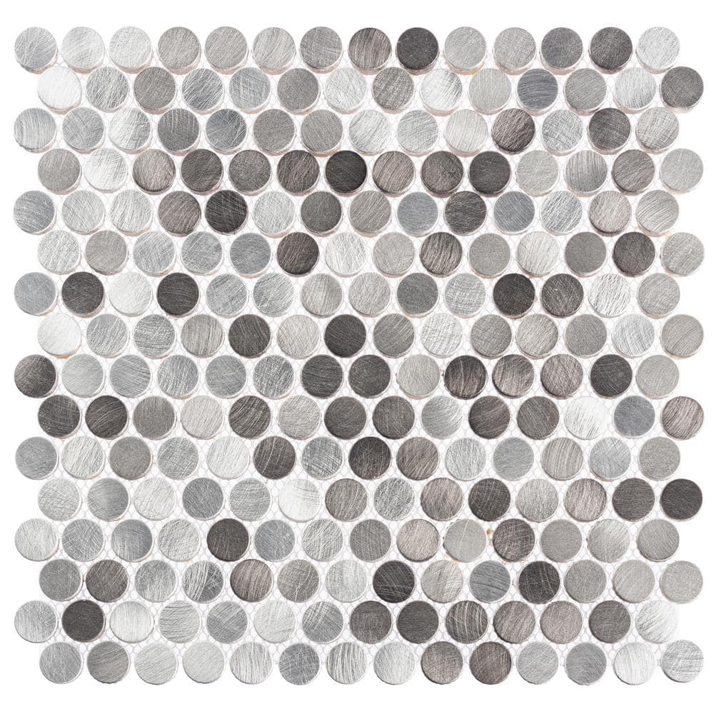 Orb Grace Silver/Gray 11-4/5 in. x 11-4/5 in. Penny Round Smooth Metal Mosa