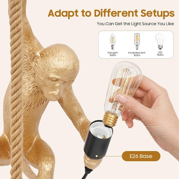 OUKANING 1-Light Gold Vintage Resin Hemp Rope Monkey Pendant Light