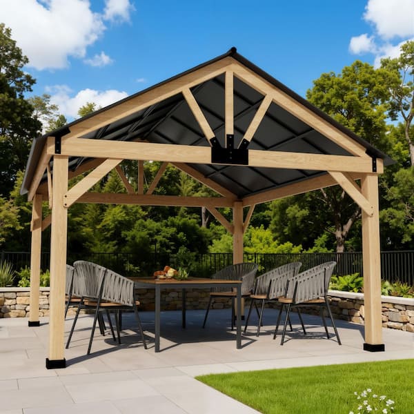 Sudzendf 11 ft. x 13 ft. Natural Wood/Black Hardtop Gazebo, Steel