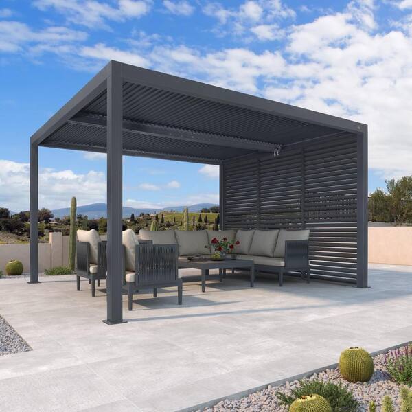 PURPLE LEAF 10 ft. x 13 ft. Gray Aluminum Louvered Pergola with 2 Adjustable Sunshade Roofs and 1-Short Side Fixed Shutter Wall