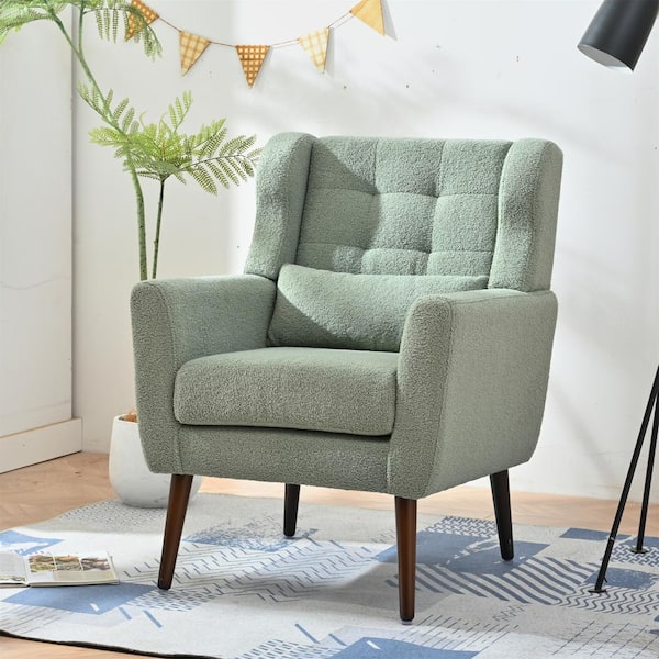 Harper & Bright Designs Modern White Accent Chair Teddy Fabric Arm Chair with Solid Wood Legs and Pillow